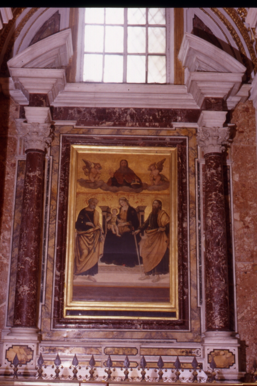 Dio Padre e Madonna con Bambino tra San Paolo e San Pietro (dipinto) di Cicino Francesco detto Francesco da Caiazzo (sec. XV)