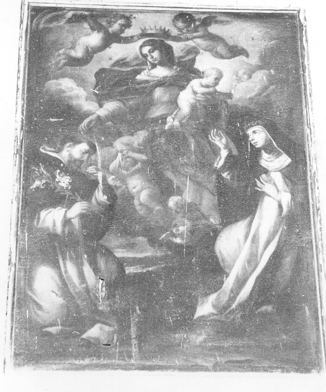 Madonna del Rosario con San Domenico e Santa Caterina da Siena (dipinto) di Malinconico Andrea (seconda metà sec. XVII)