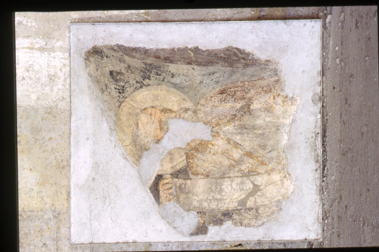 santo con cartiglio (sinopia, frammento) di Maestro Delle Storie Di San Ladislao (primo quarto sec. XV)