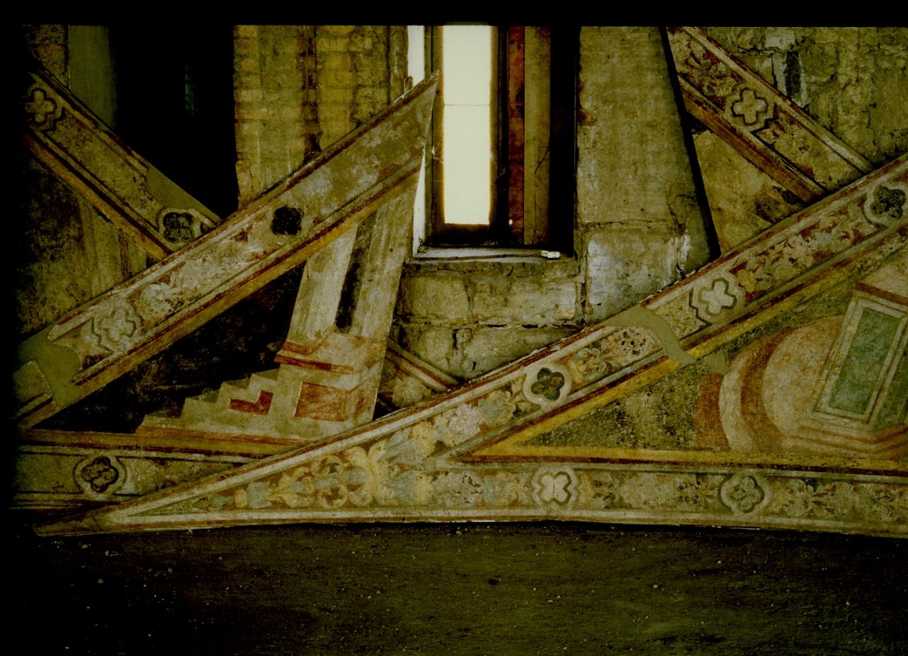 finta architettura di una scala con pilastro (dipinto, frammento) di Maestro Delle Storie Di San Ladislao (primo quarto sec. XV)