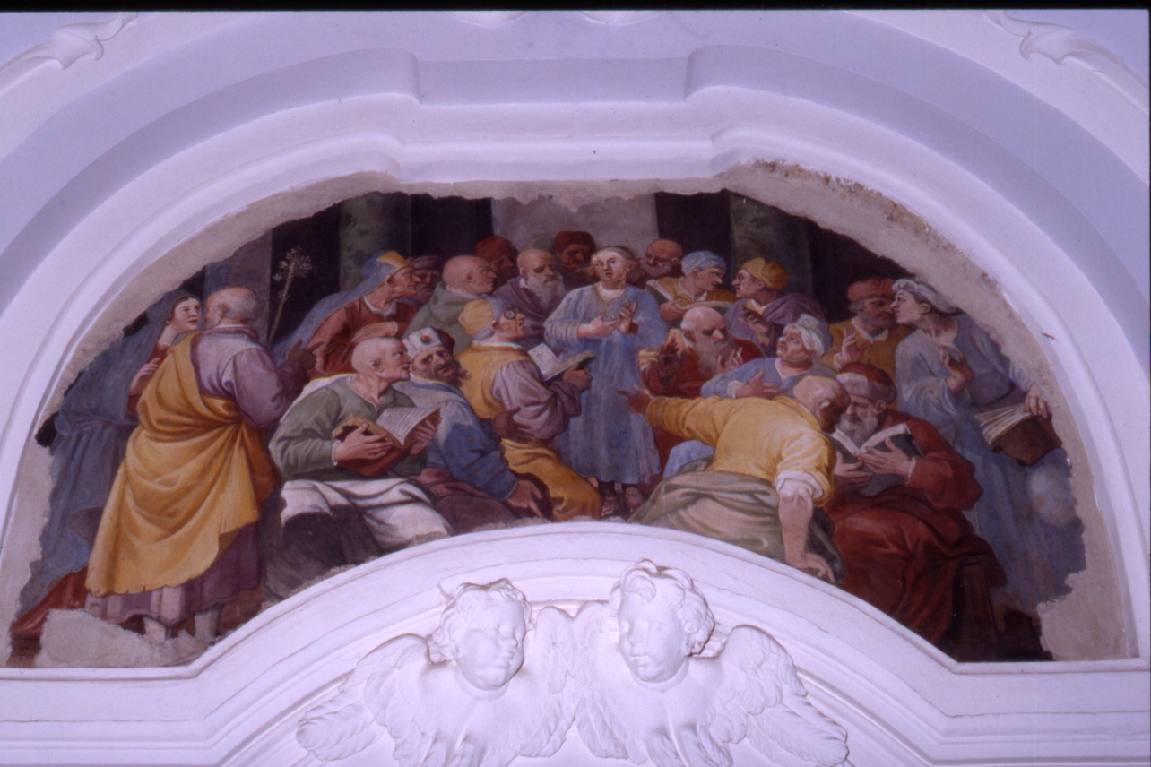 disputa di Gesù con i dottori nel tempio (dipinto, elemento d'insieme) di Nucci Avanzino (fine sec. XVI)