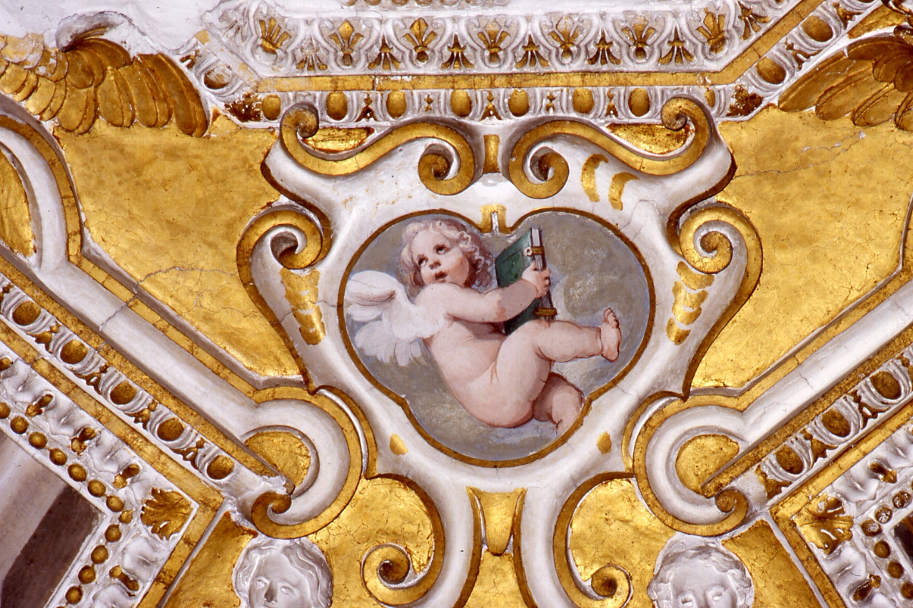 putto con libro (dipinto, elemento d'insieme) di Azzolino Giovanni Bernardino (primo quarto sec. XVII)