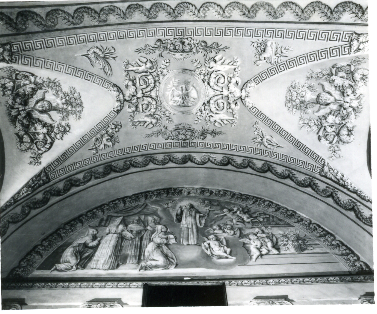 ALLEGORIA DI SANTA GIOVANNA ANTHIDA TRA MOTIVI DECORATIVI FITOMORFI E FINTE ARCHITETTURE (DECORAZIONE PITTORICA, COMPLESSO DECORATIVO) - AMBITO NAPOLETANO (Prima metà sec. XIX)