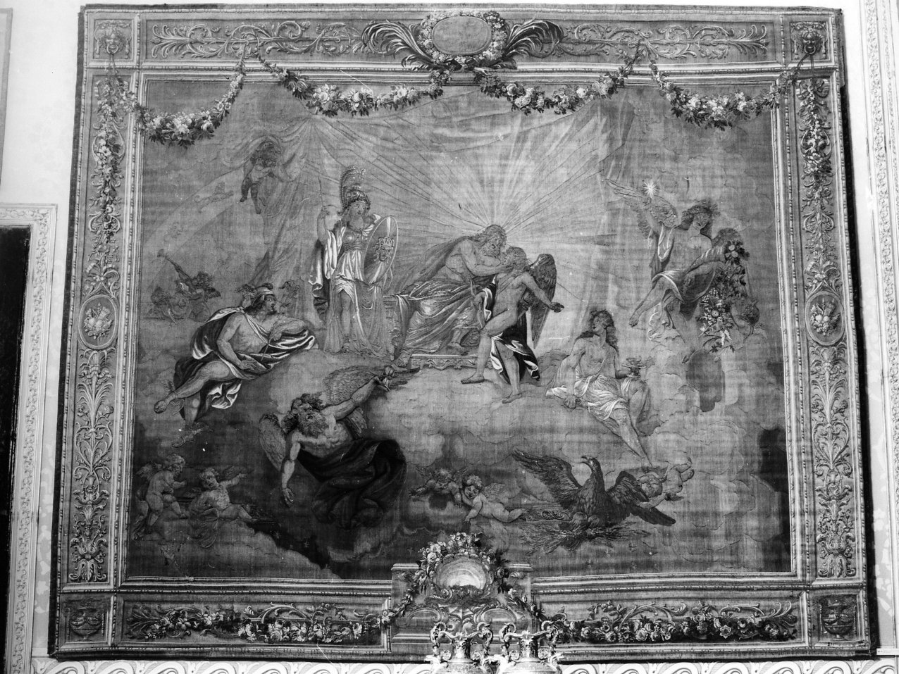 Cupido invoca l'aiuto di Giove per la sorte di Psiche (arazzo) di Duranti Pietro, Fischetti Fedele - manifattura napoletana (terzo quarto sec. XVIII)