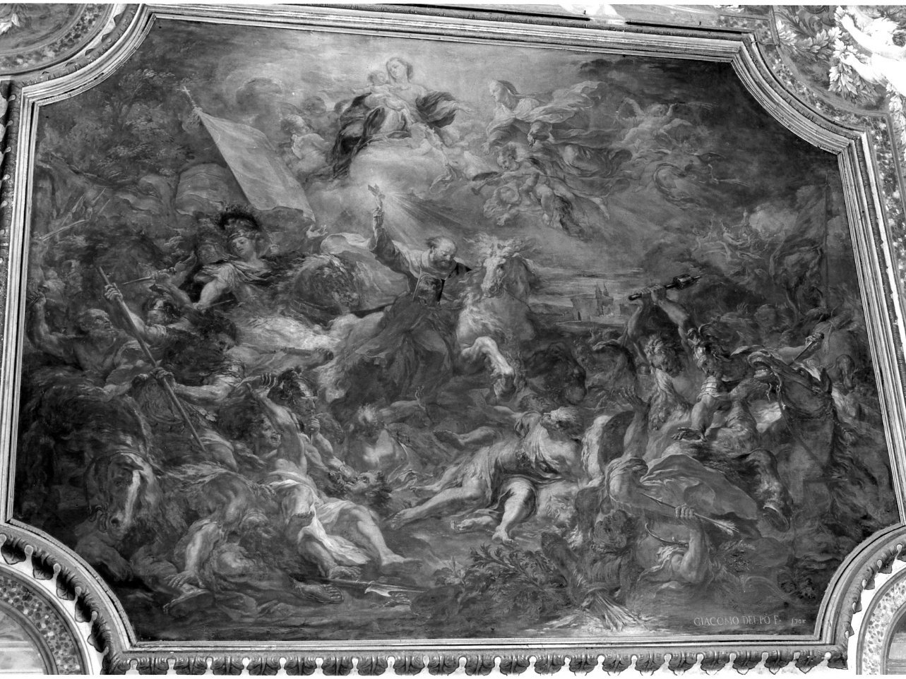 San Domenico di Gesù e Maria incoraggia le truppe cristiane con un crocifisso contro i protestanti nella battaglia di Praga (dipinto) di Del Po Giacomo (sec. XVIII)
