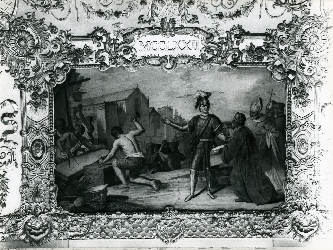 costruzione del duomo di Napoli (dipinto) di Guerra Camillo (sec. XIX)
