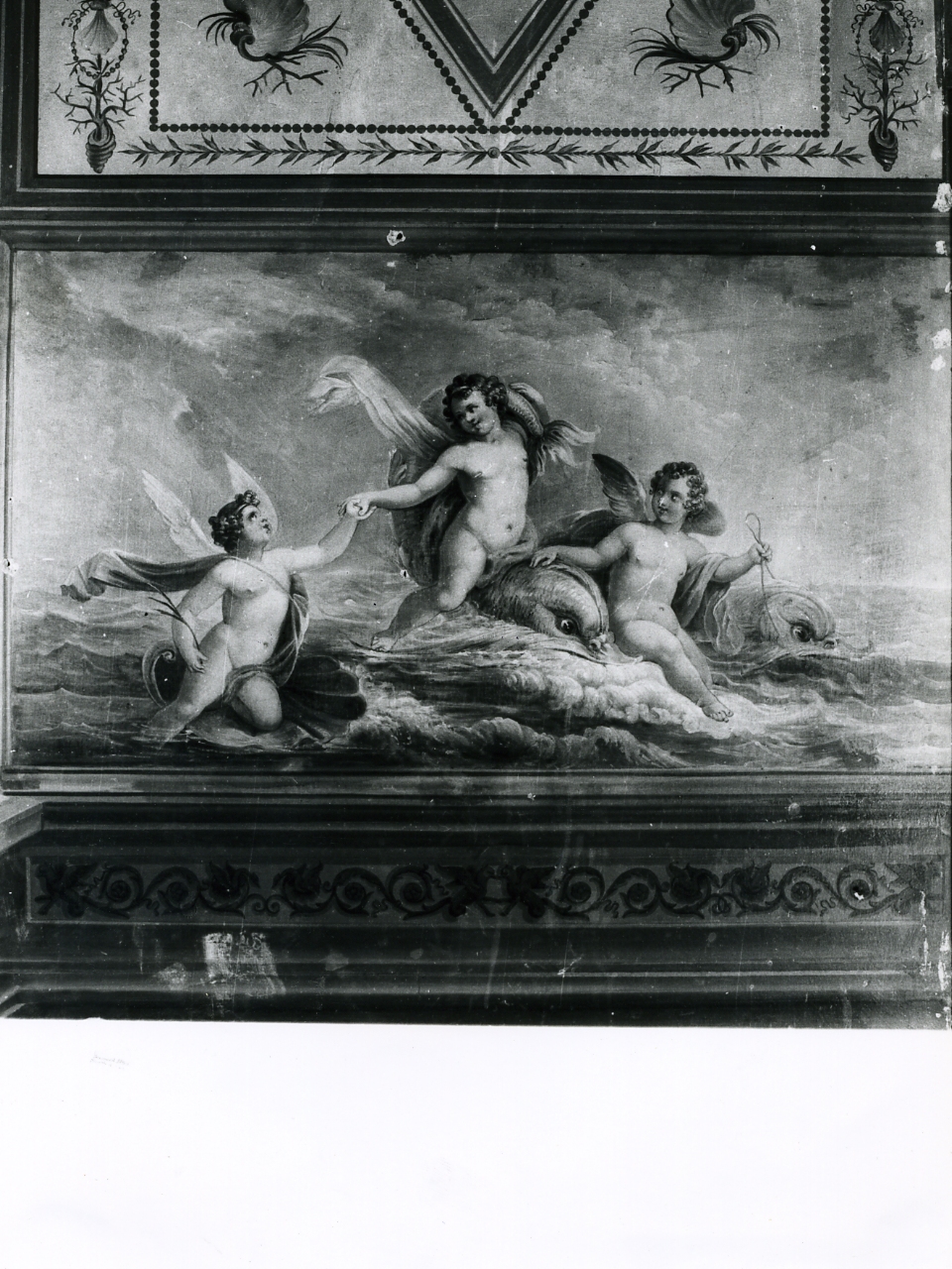 putti che cavalcano delfini (dipinto, elemento d'insieme) - ambito napoletano (sec. XIX)