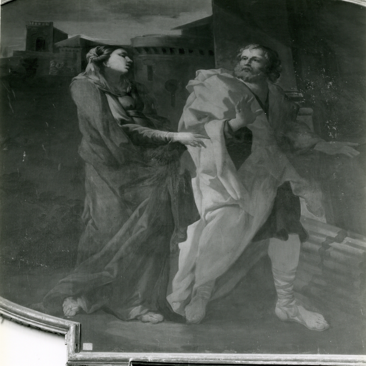 San Giuseppe e Maria Vergine in cerca di alloggio a Betlemme (dipinto) di Del Po Giacomo, Del Po Pietro (sec. XVII)