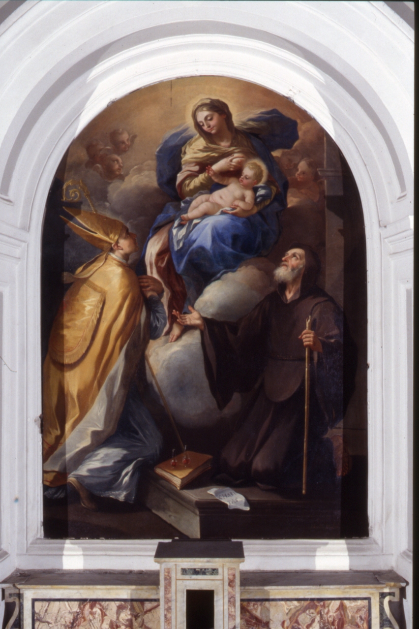 Madonna con Bambino tra San Gennaro e San Francesco di Paola (dipinto) di Malinconico Nicola (primo quarto sec. XVIII)