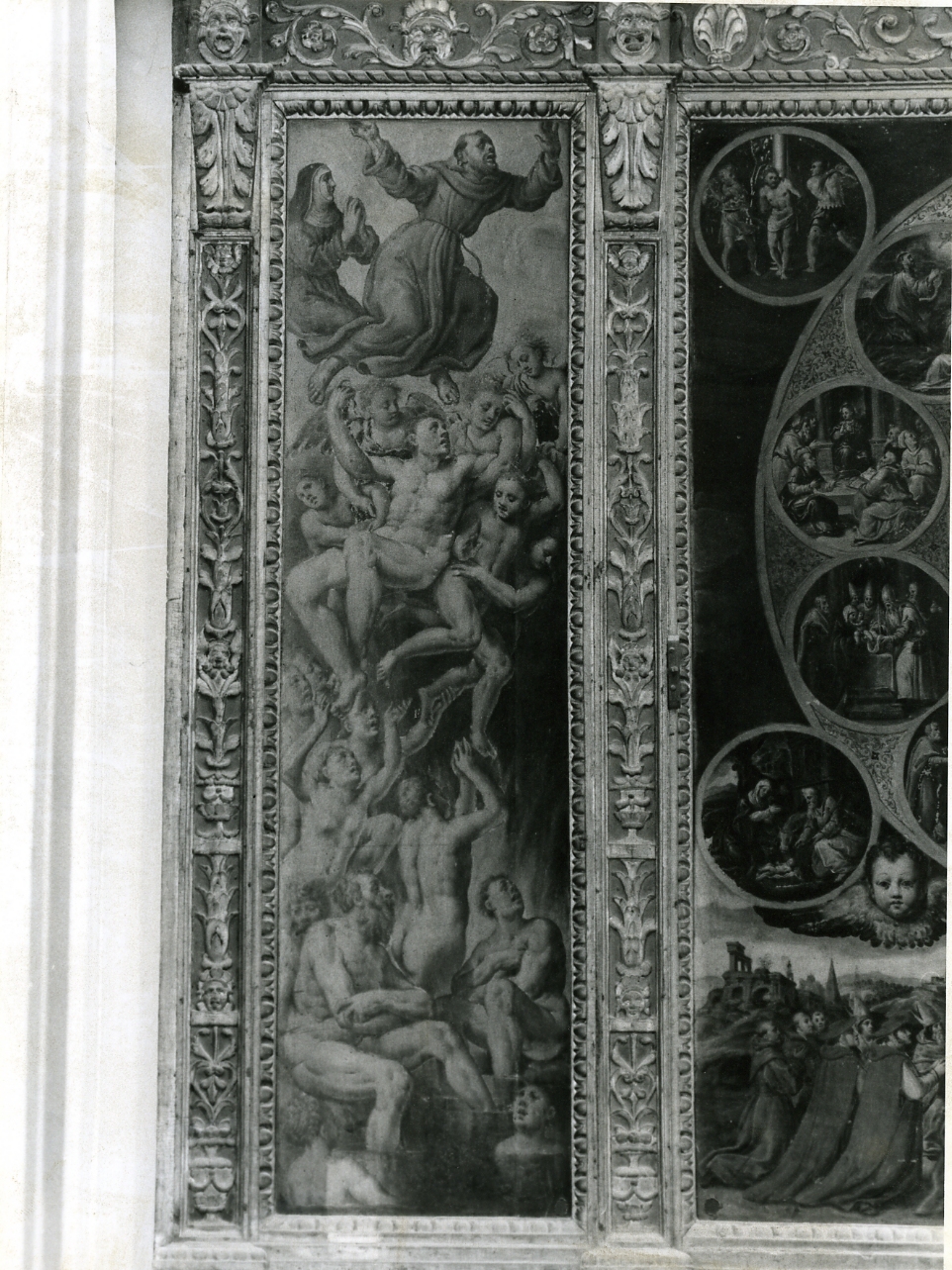 San Francesco d'Assisi e Santa Chiara guidano le anime elette fuori dal Purgatorio (dipinto) di Curia Michele (sec. XVI)