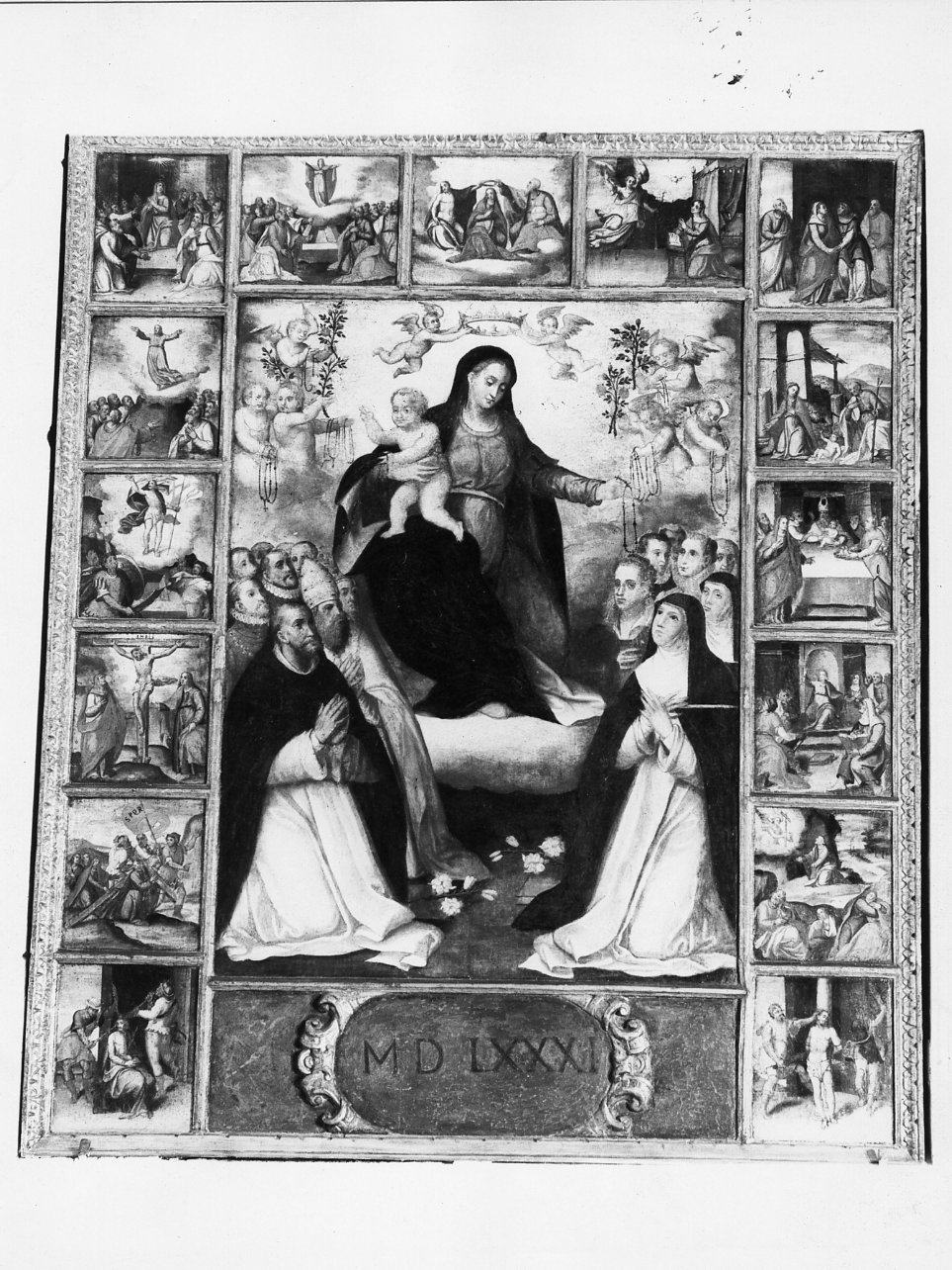 Madonna del Rosario con San Domenico e Santa Caterina, santi e misteri del rosario (polittico, insieme) di De Laudello Aniello (sec. XVI)