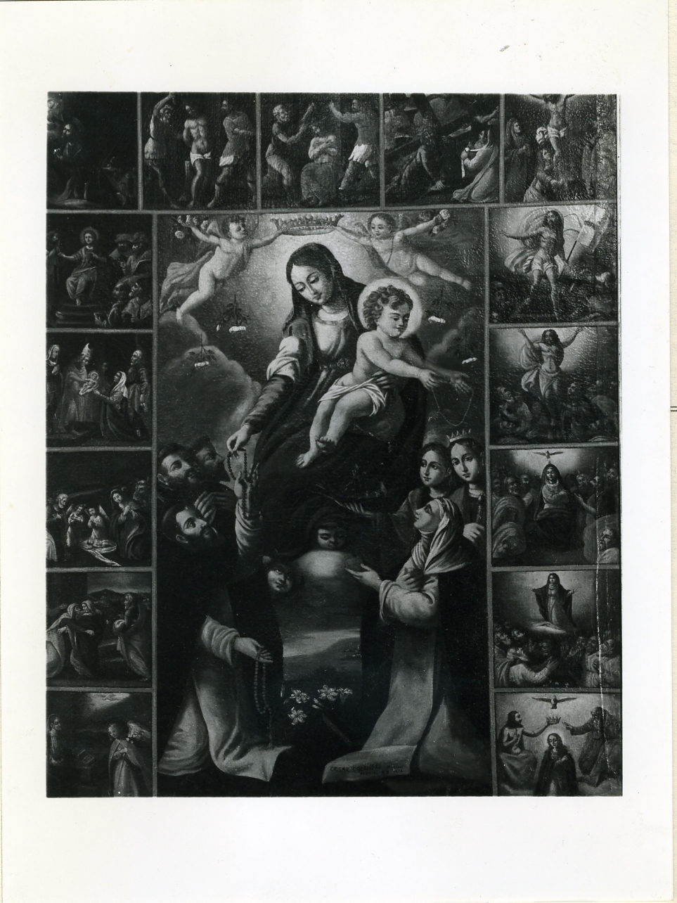 Madonna del Rosario con Santi domenicani e misteri del rosario (dipinto) di Calise Cesare (sec. XVII)