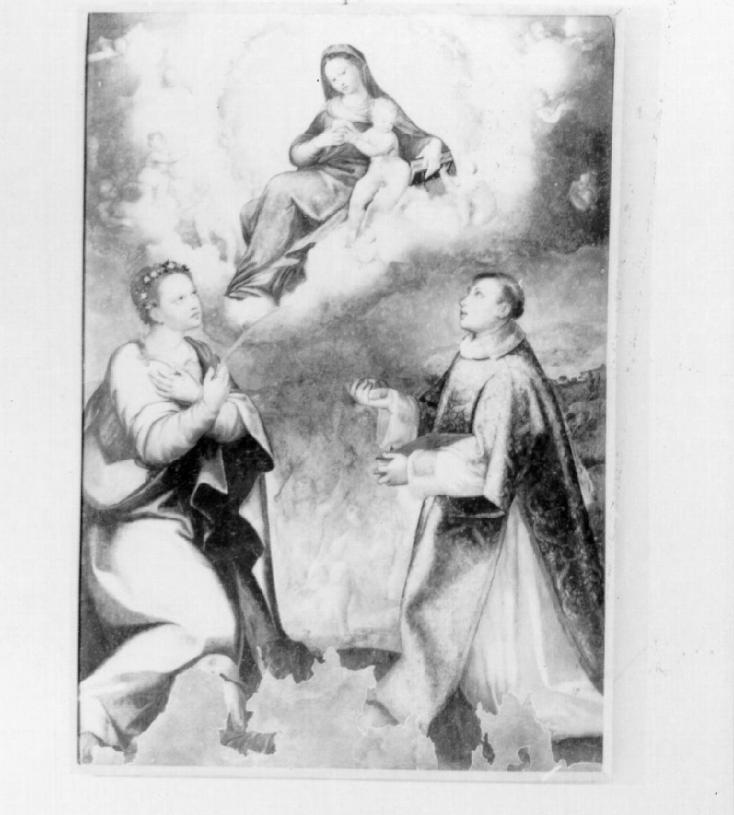 Madonna con personaggi che implorano il suo aiuto (dipinto) di Lama Giovan Bernardo (seconda metà sec. XVI)