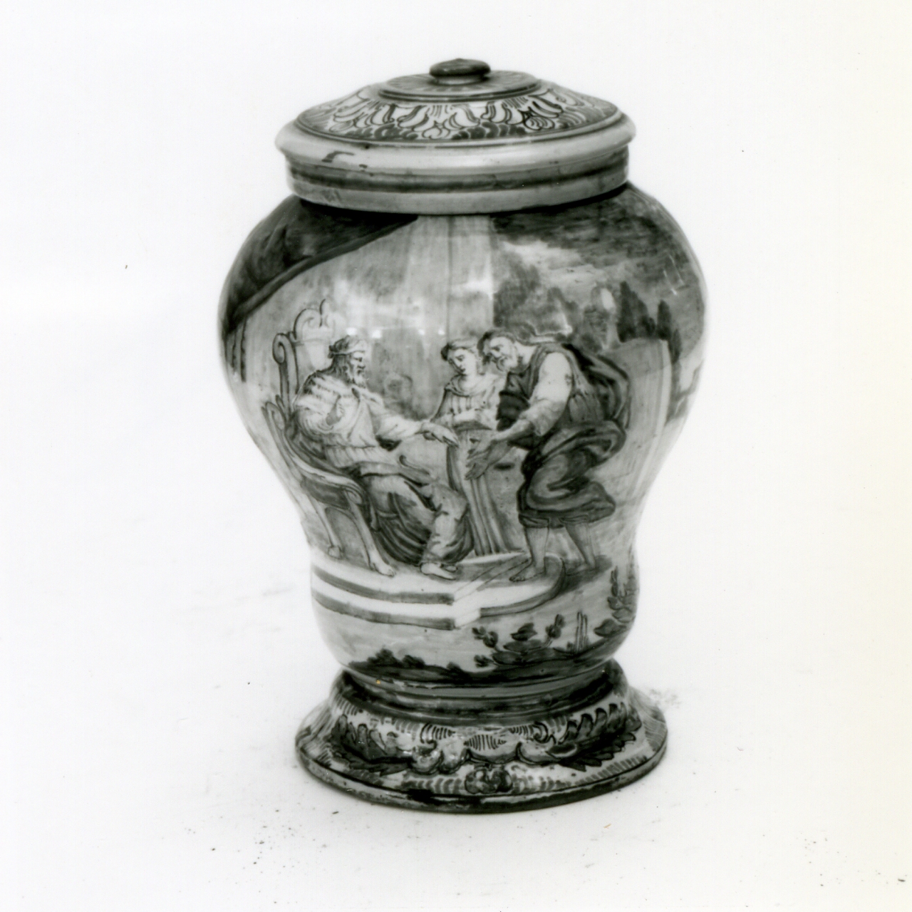 Giuseppe riceve omaggi dai sudditi del faraone (vaso da farmacia, serie) di Massa Donato (e aiuti) (metà sec. XVIII)