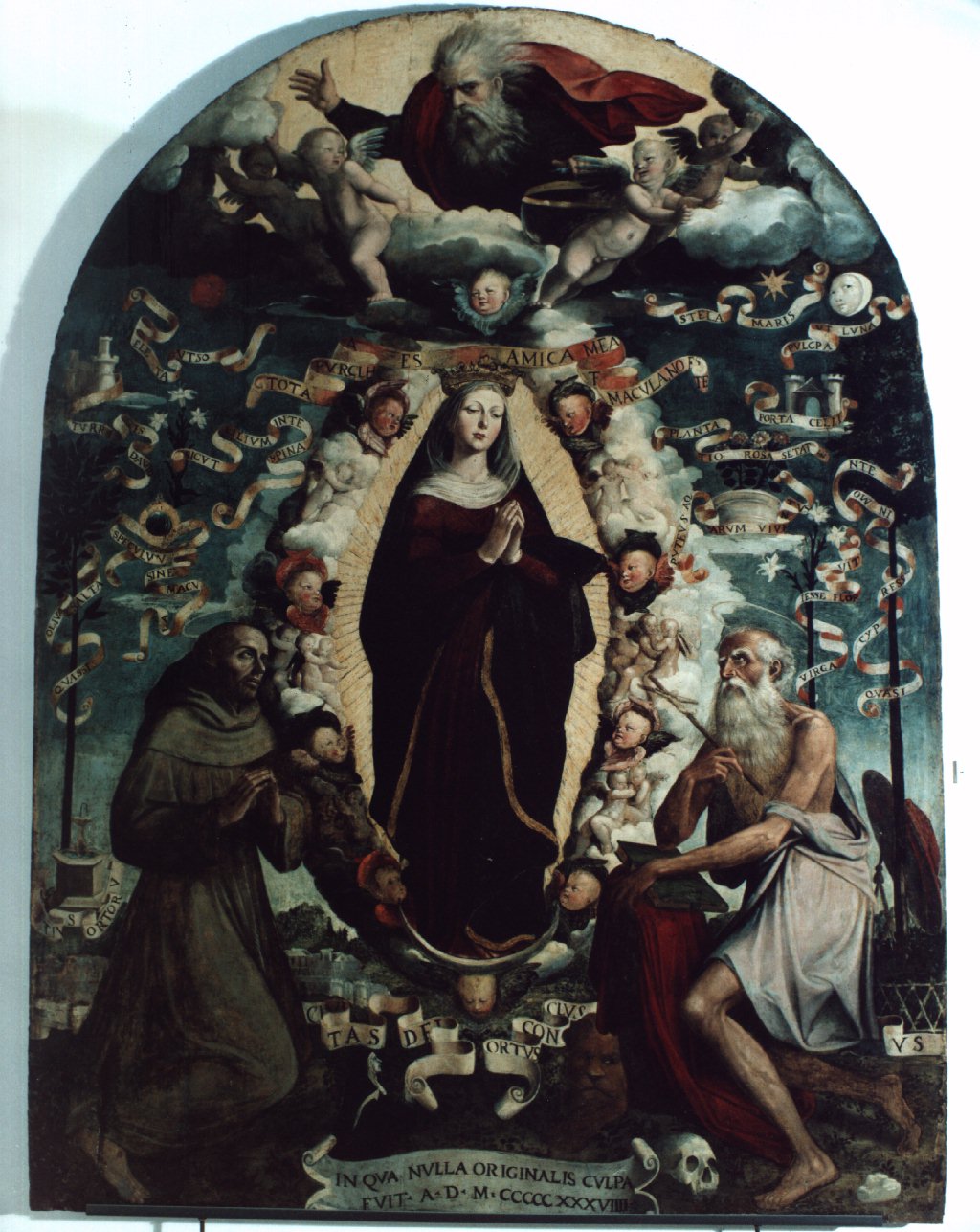 Madonna Immacolata con Dio Padre, San Francesco d'Assisi e San Girolamo (dipinto) di Ierace Severo (sec. XVI)