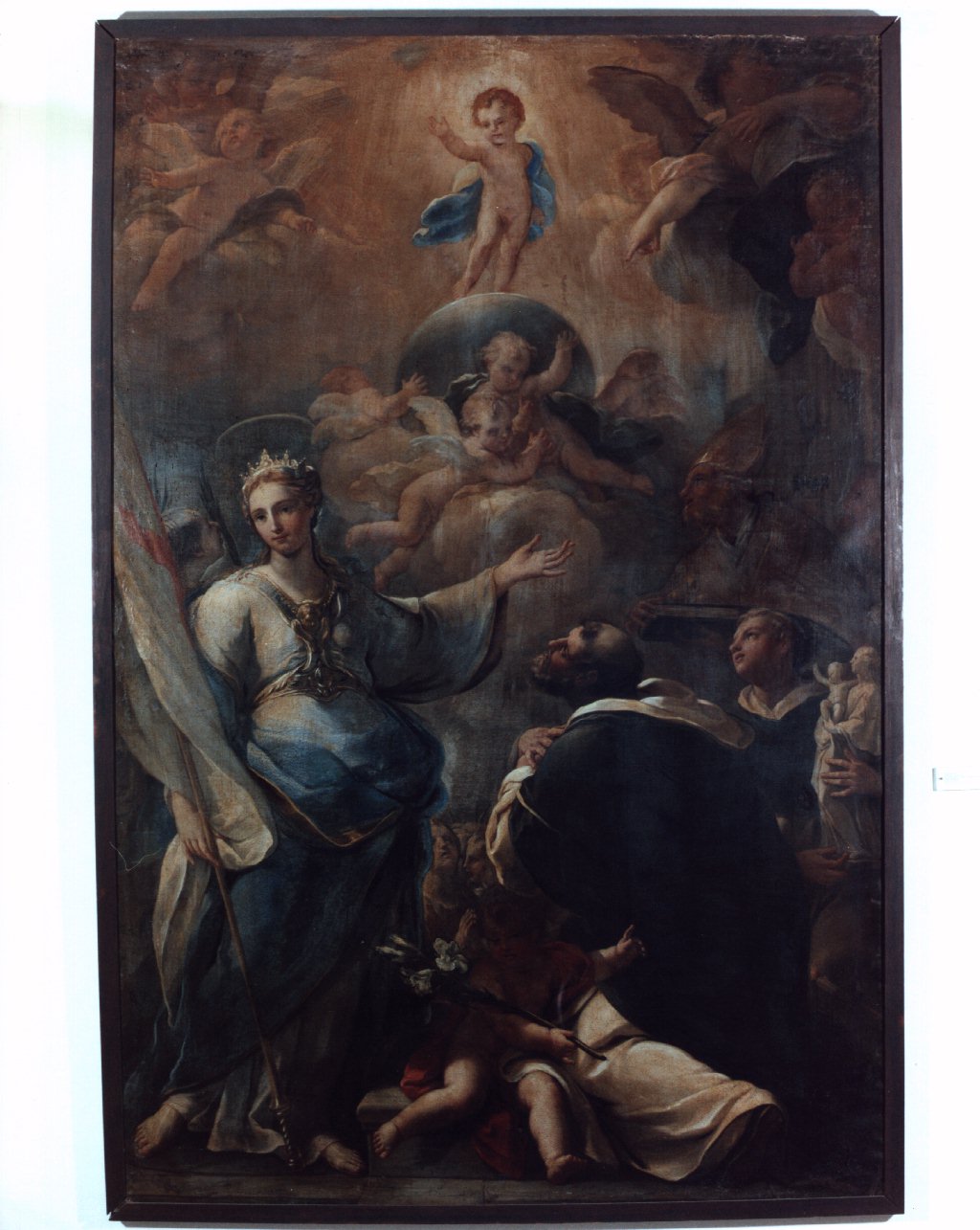 Sant'Orsola, San Domenico, San Giacinto, San Nicola e angeli in adorazione del Bambino (dipinto) di Del Po Giacomo (primo quarto sec. XVIII)