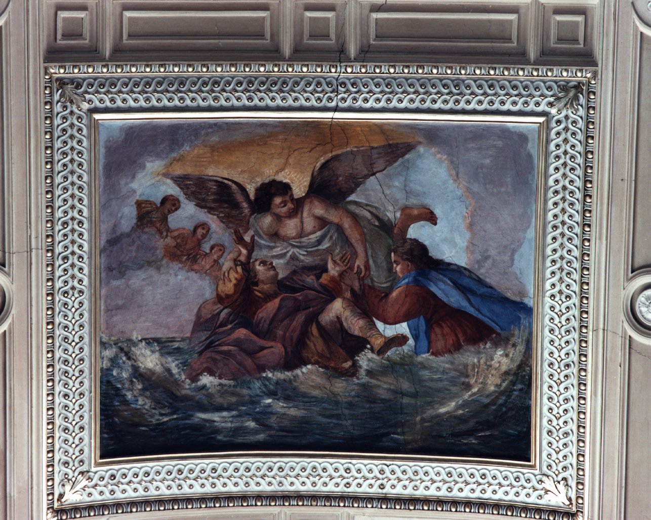 San Cosma e San Damiano vengono salvati dalle acque (dipinto, elemento d'insieme) di Simonelli Giuseppe (sec. XVIII)