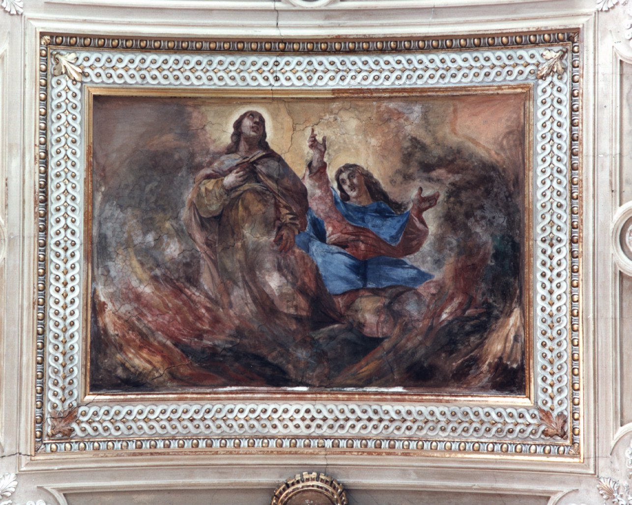 San Cosma e San Damiano escono indenni dal fuoco (dipinto, elemento d'insieme) di Simonelli Giuseppe (sec. XVIII)