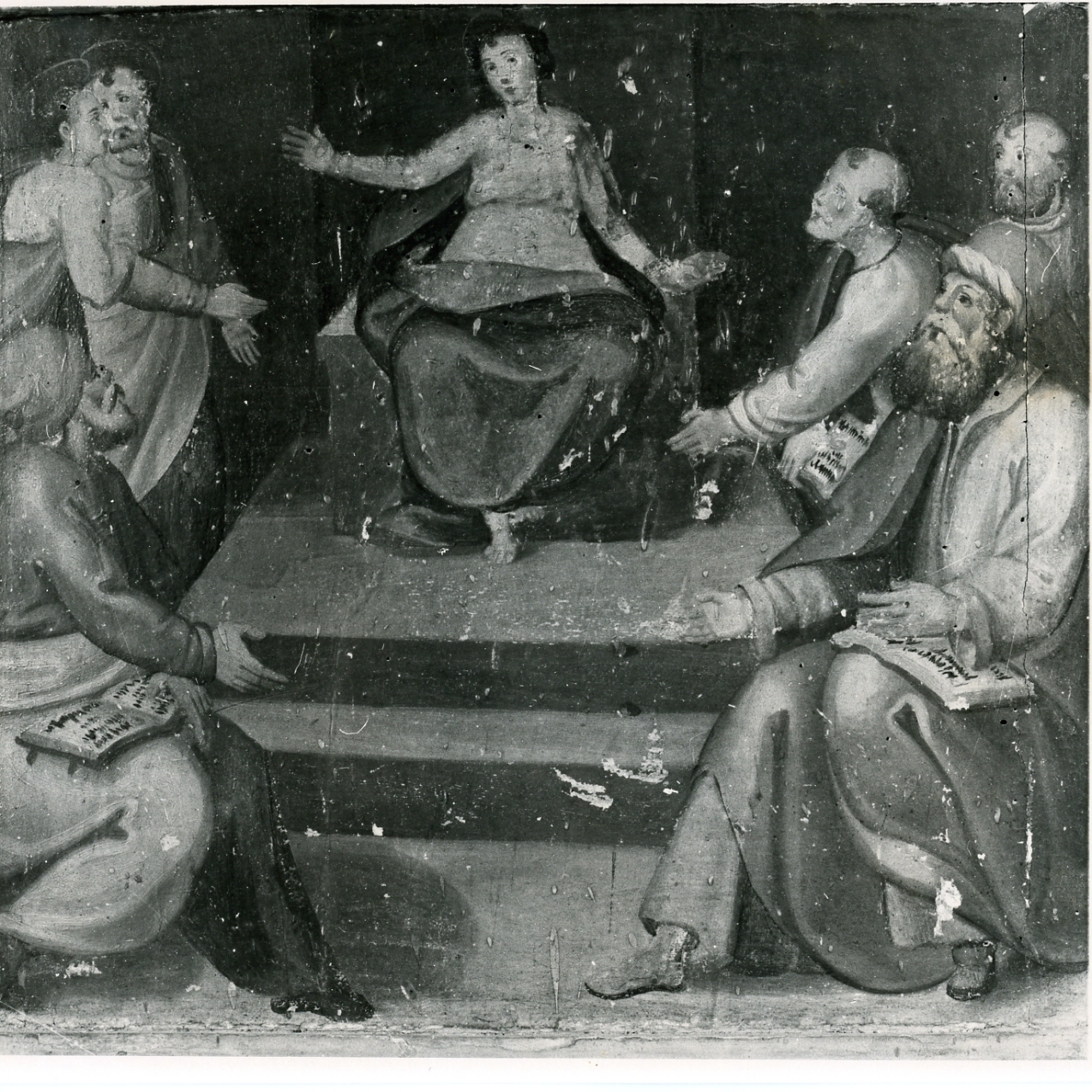 disputa di Gesù con i dottori nel tempio (scomparto di polittico, elemento d'insieme) di D'Errico Teodoro (scuola) (fine sec. XVI)