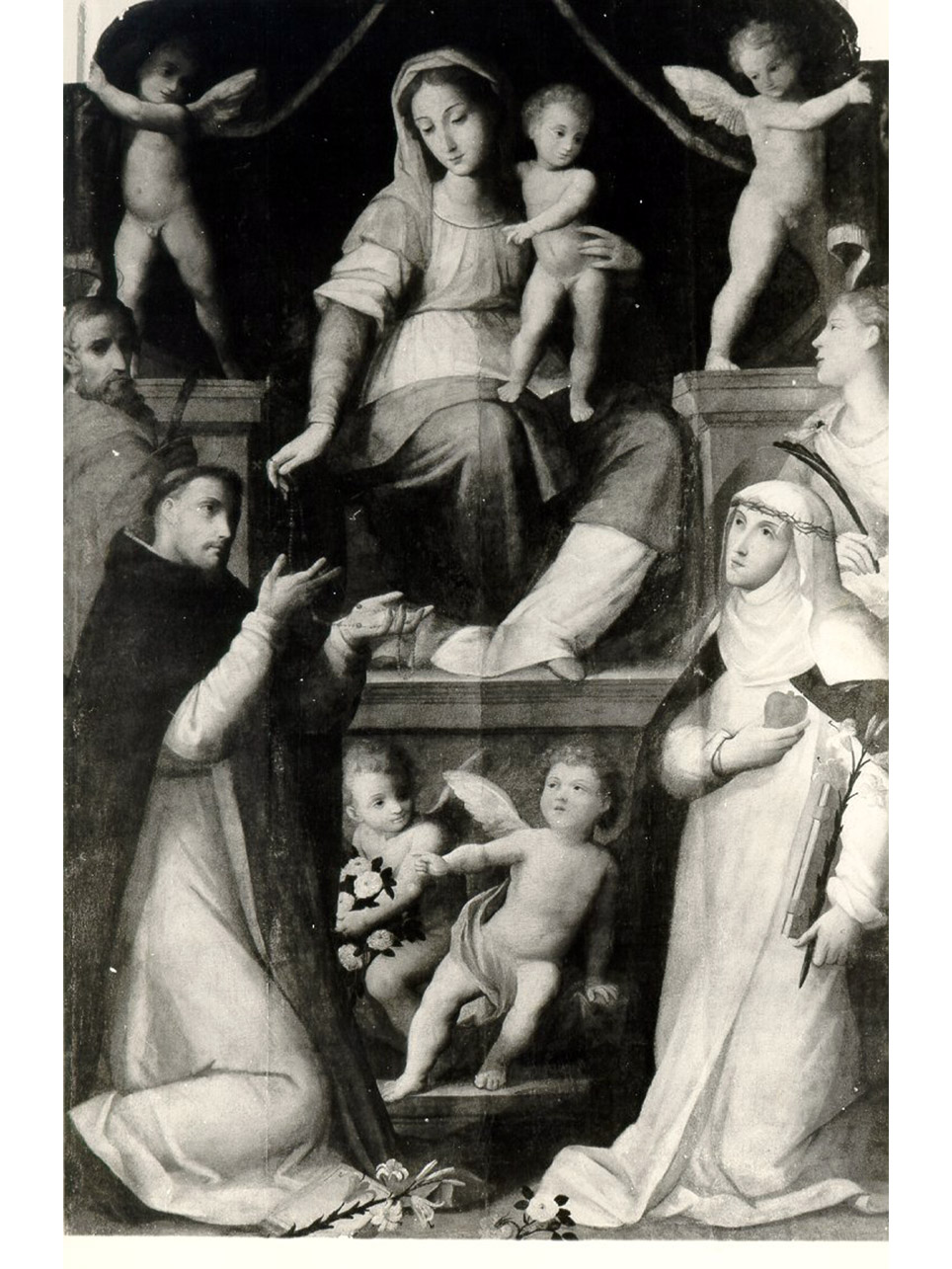 Madonna del Rosario con San Domenico e Santa Caterina da Siena (dipinto) di Balducci Giovanni detto Cosci (fine/inizio secc. XVI/ XVII)