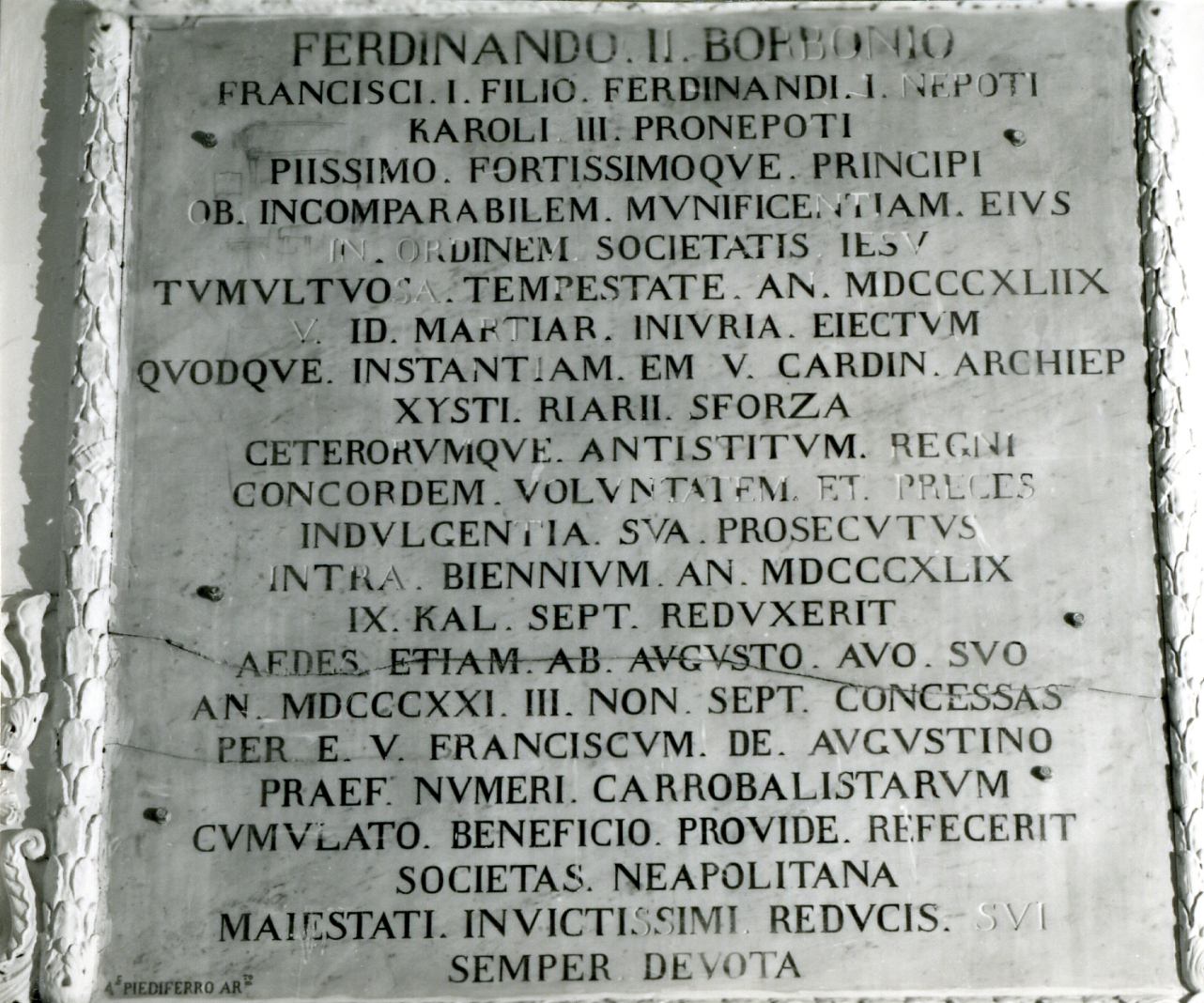LAPIDE COMMEMORATIVA - ambito napoletano (Metà sec. XIX)
