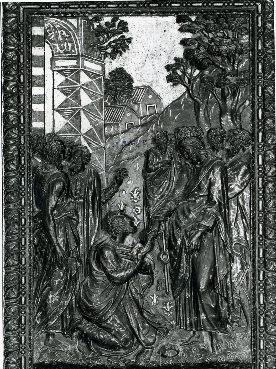 Cristo consegna le chiavi a San Pietro (rilievo, elemento d'insieme) di D'Auria Girolamo, Caccavello Salvatore, D'Arvano Felice, Turbolo Giovan Leonardo, Ferraro Nunzio, De Fusco Giovan Tommaso, D'Arvano Giovan Leonardo (ultimo quarto sec. XVI)
