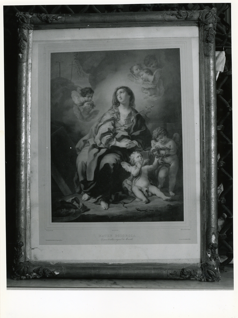 Madonna Addolorata con simboli della Passione (stampa) di Marin Lavigne Louis Stanislas, Murillo Bartolomé Esteban (metà sec. XIX)