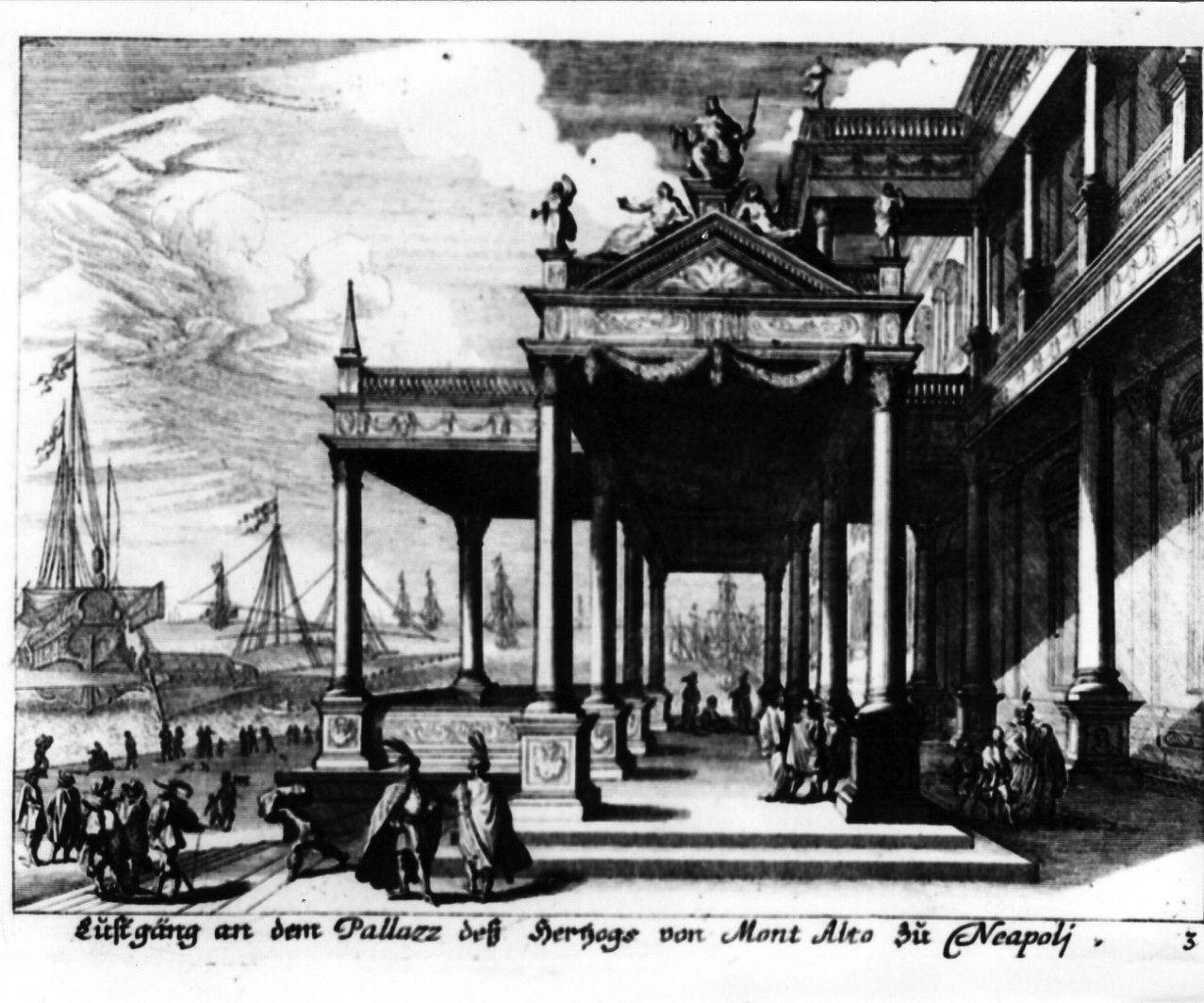 veduta di un palazzo presso Monte Alto (stampa colorata a mano) di Kuesel Melchior, Baur Johann Wilhelm (seconda metà sec. XVII)