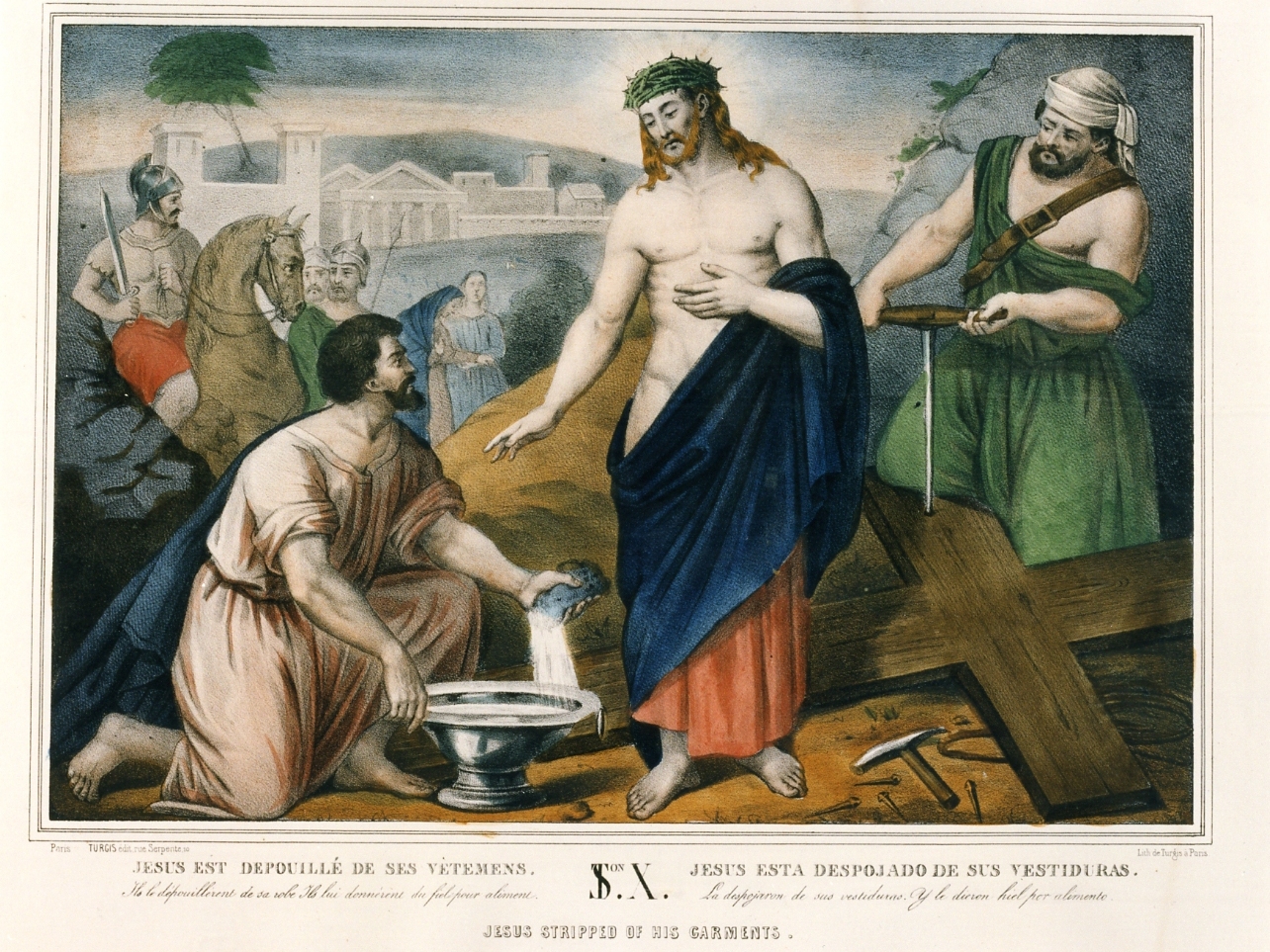 stazione X: Gesù spogliato e abbeverato di fiele (stampa a colori) - ambito francese (seconda metà sec. XIX)