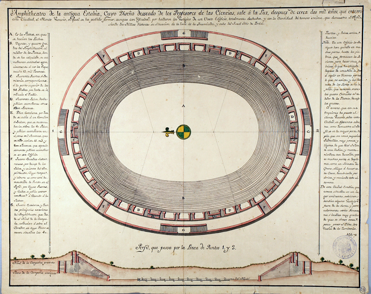 pianta e sezione di anfiteatro (disegno) di Weber Carlo (secondo quarto sec. XVIII)