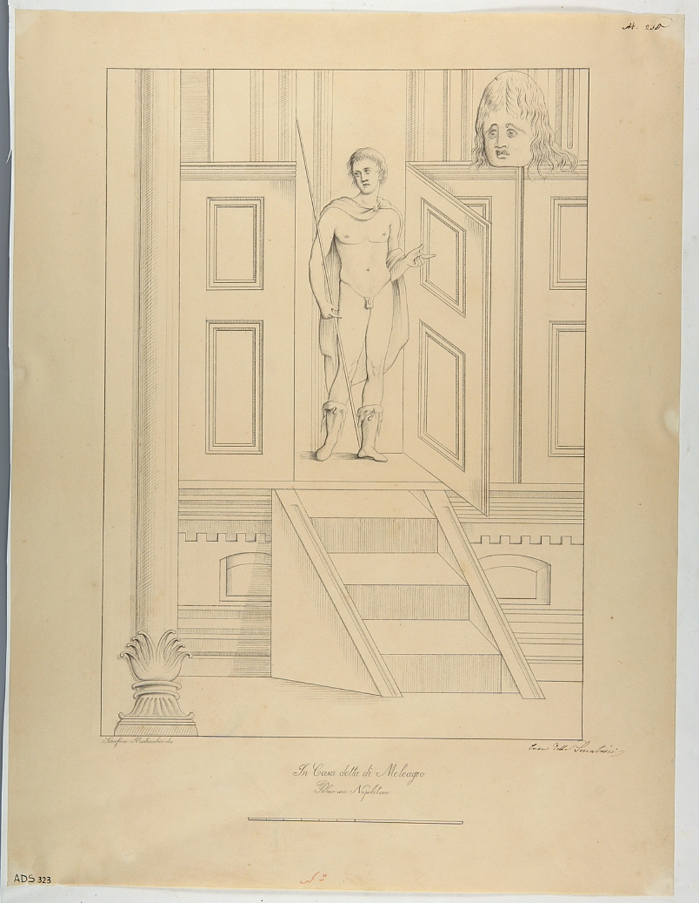 scorcio architettonico con figura maschile (disegno) di Mastracchio Serafino (metà sec. XIX)
