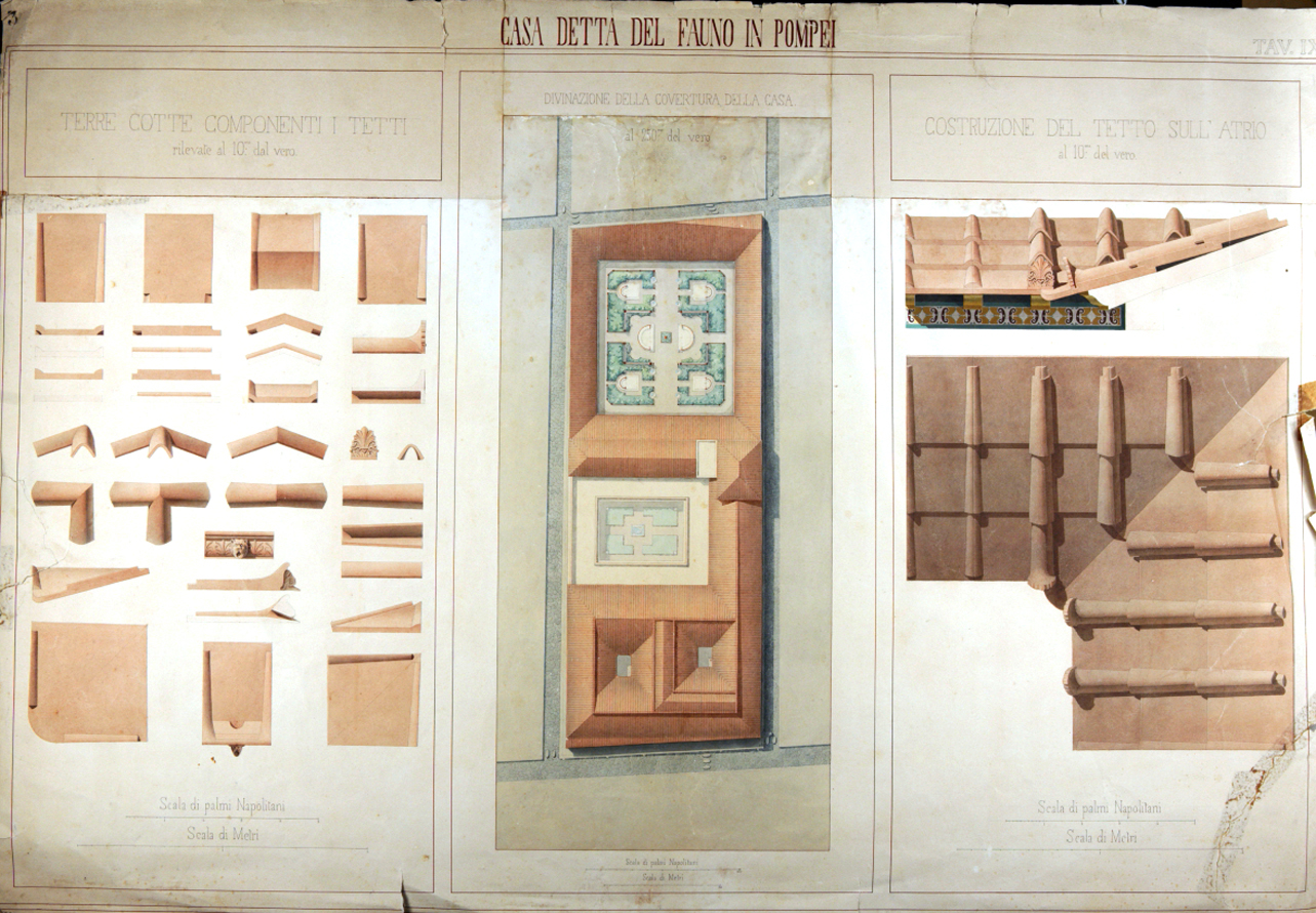 tetto della Casa del Fauno a Pompei (disegno) di Veneri Pasquale Maria (secondo quarto sec. XIX)