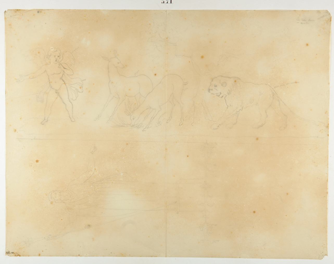 amorino con cervo e leone (disegno) di Ala Antonio (terzo quarto sec. XIX)