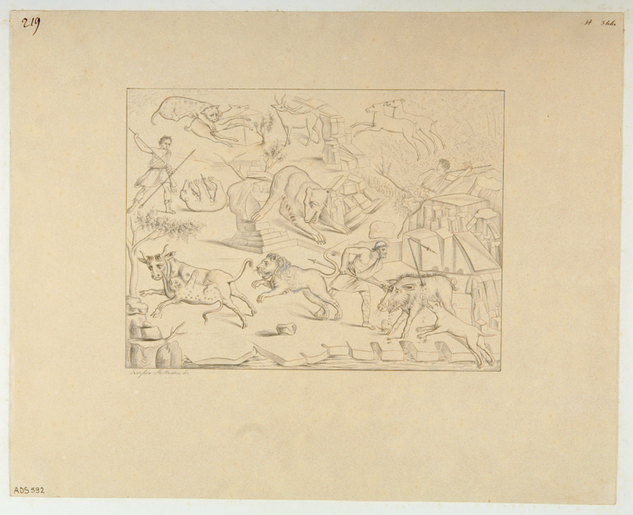scena di caccia (disegno) di Mastracchio Serafino (metà sec. XIX)