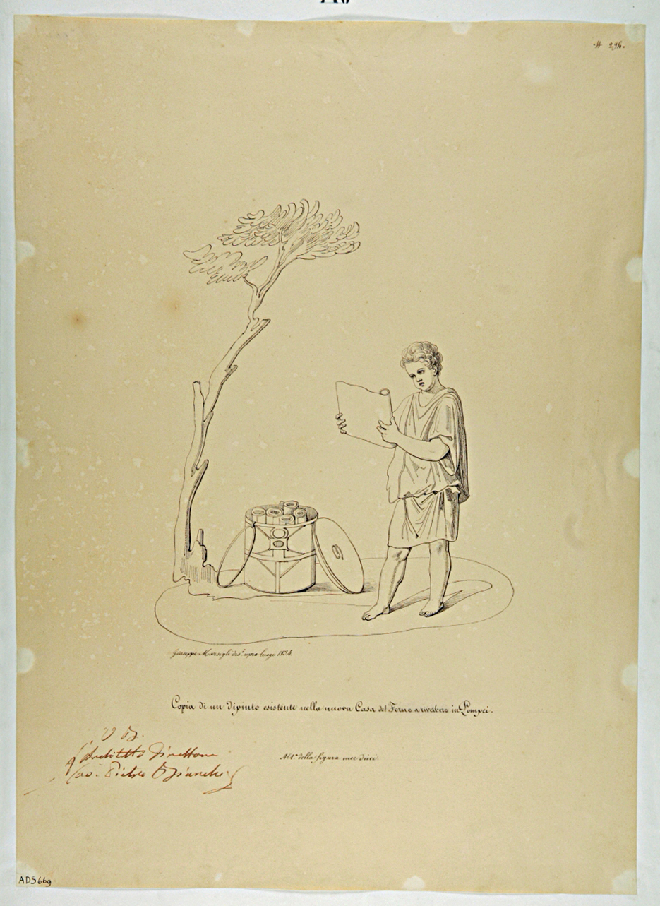 fanciullo con rotoli (disegno) di Marsigli Giuseppe (secondo quarto sec. XIX)