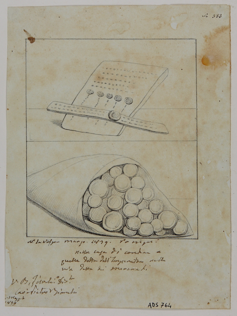 rotolo e sacchetto con monete (disegno) di La Volpe Nicola (secondo quarto sec. XIX)