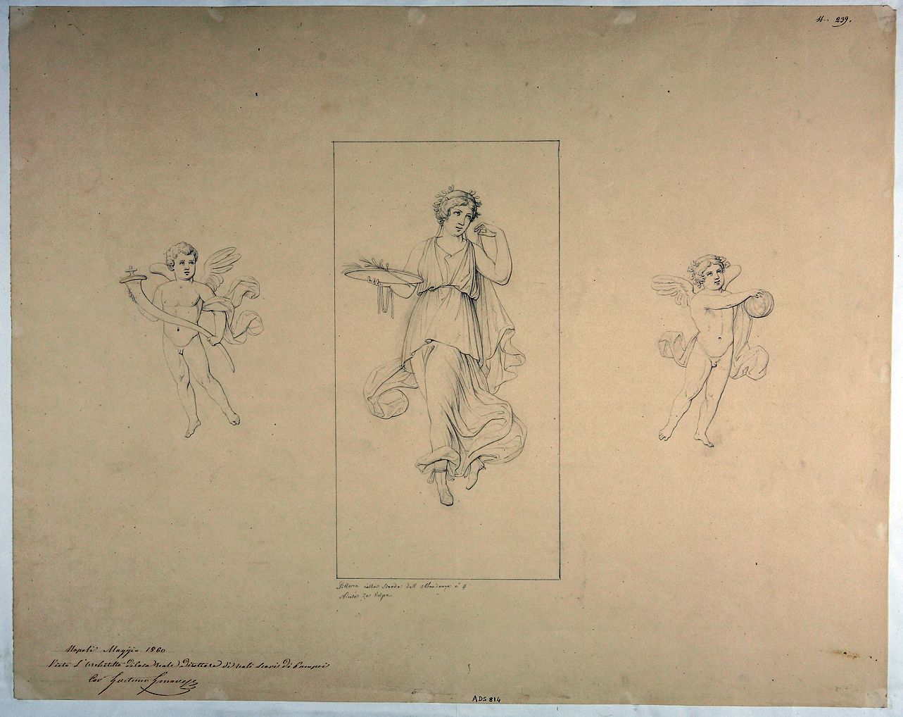 amorini e figura femminile in volo (disegno) di La Volpe Nicola (terzo quarto sec. XIX)