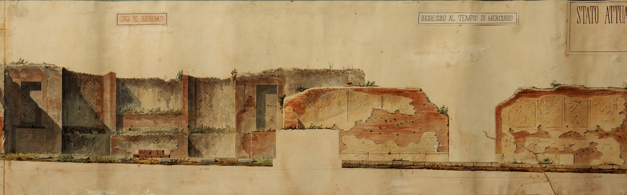 sezione dell'edificio dei Lari Pubblici e del Tempio di Vespasiano a Pompei (disegno) di Veneri Pasquale Maria (secondo quarto sec. XIX)