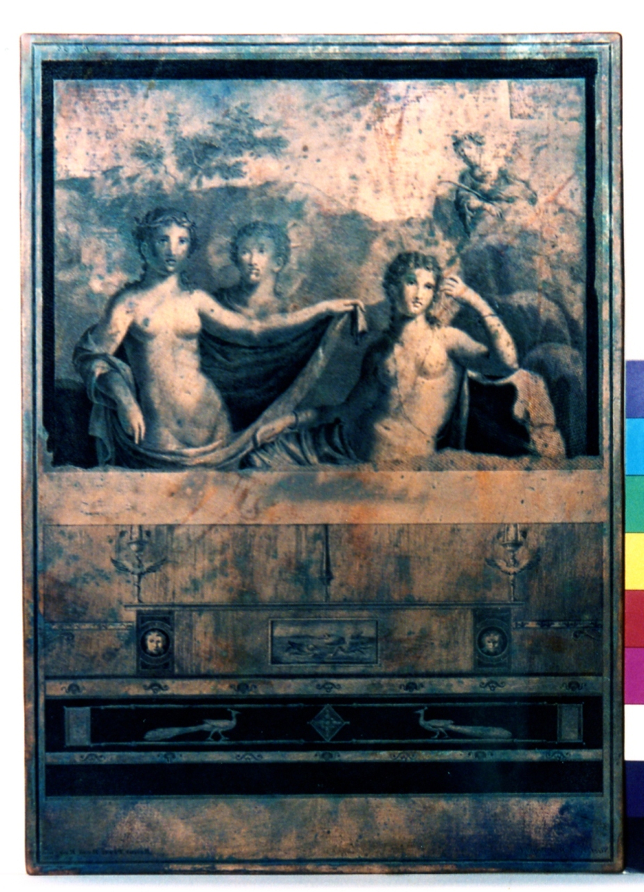 scena mitologica/ decorazione con uccelli (matrice) di Vanni Nicola, Pozzi Rocco (sec. XVIII)