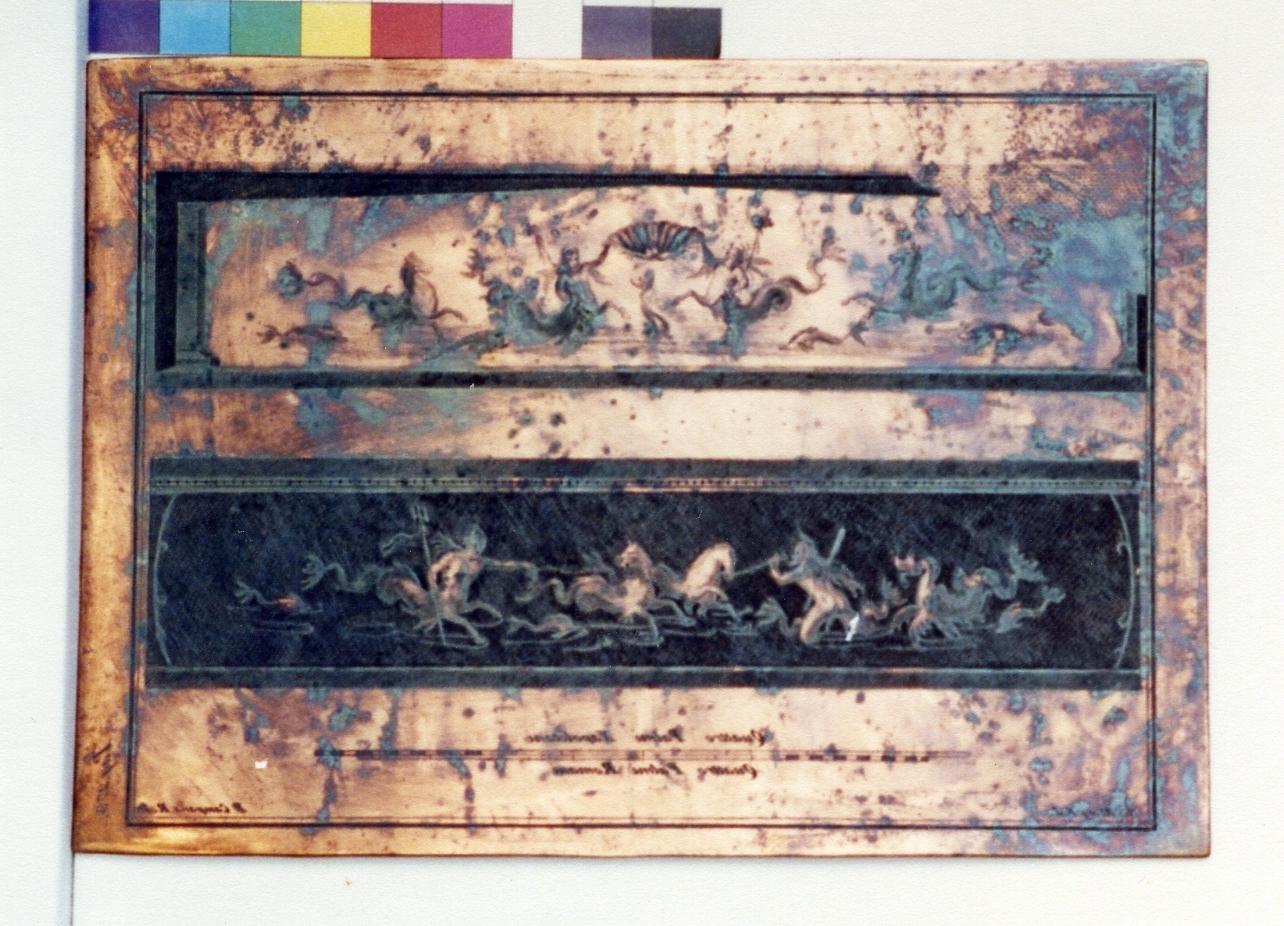due fregi figurati: tritoni e delfini/ tritoni, delfini, mostro marino (matrice) di Morghen Giovanni Elia, Campana Pietro (sec. XVIII)
