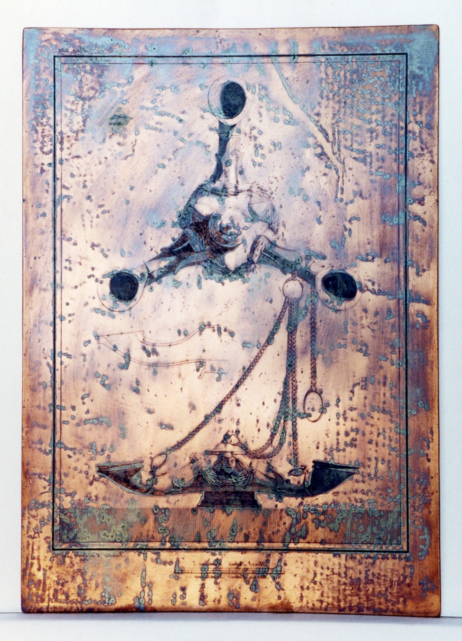 lucerna di bronzo trilicne a sospensione: veduta superiore e frontale (matrice) di Cataneo Aniello, Casanova Giovanni Battista (sec. XVIII)