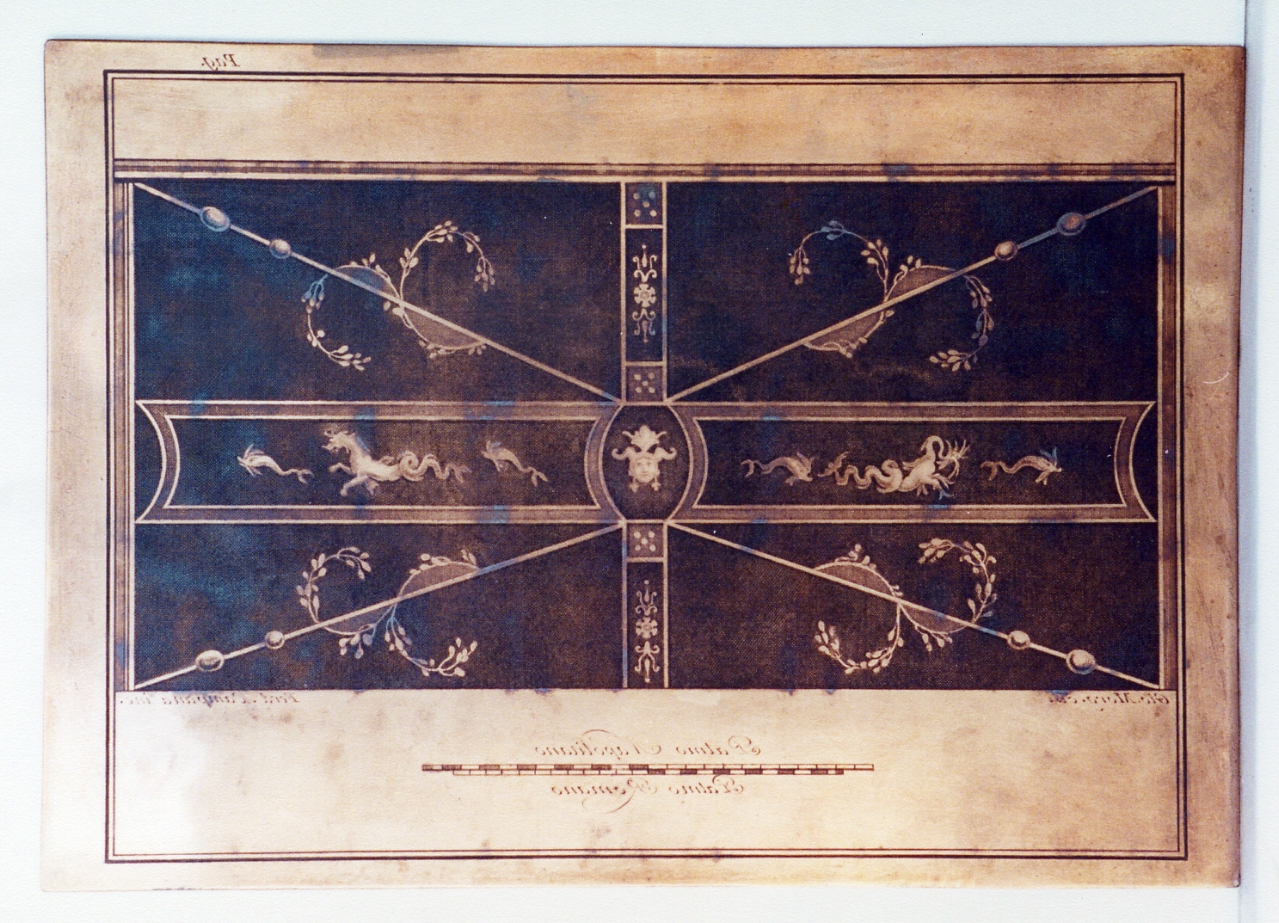 elementi decorativi con maschere, delfini, tritoni, vegetali (matrice) di Campana Ferdinando, Morghen Giovanni Elia (sec. XVIII)