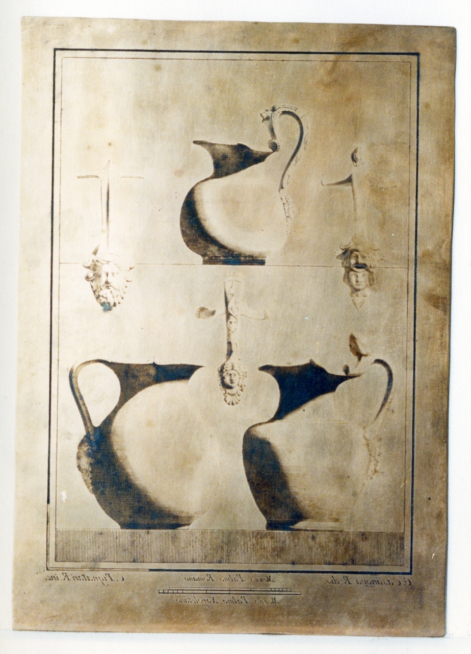 tre brocche a bocca trilobata di bronzo e particolari (matrice) di Pignataro Carmine, Casanova Giovanni Battista (sec. XVIII)