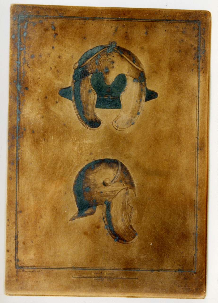 elmo di bronzo: veduta frontale e laterale (matrice) di Morelli Francesco, Casanova Domenico (secc. XVIII/ XIX)