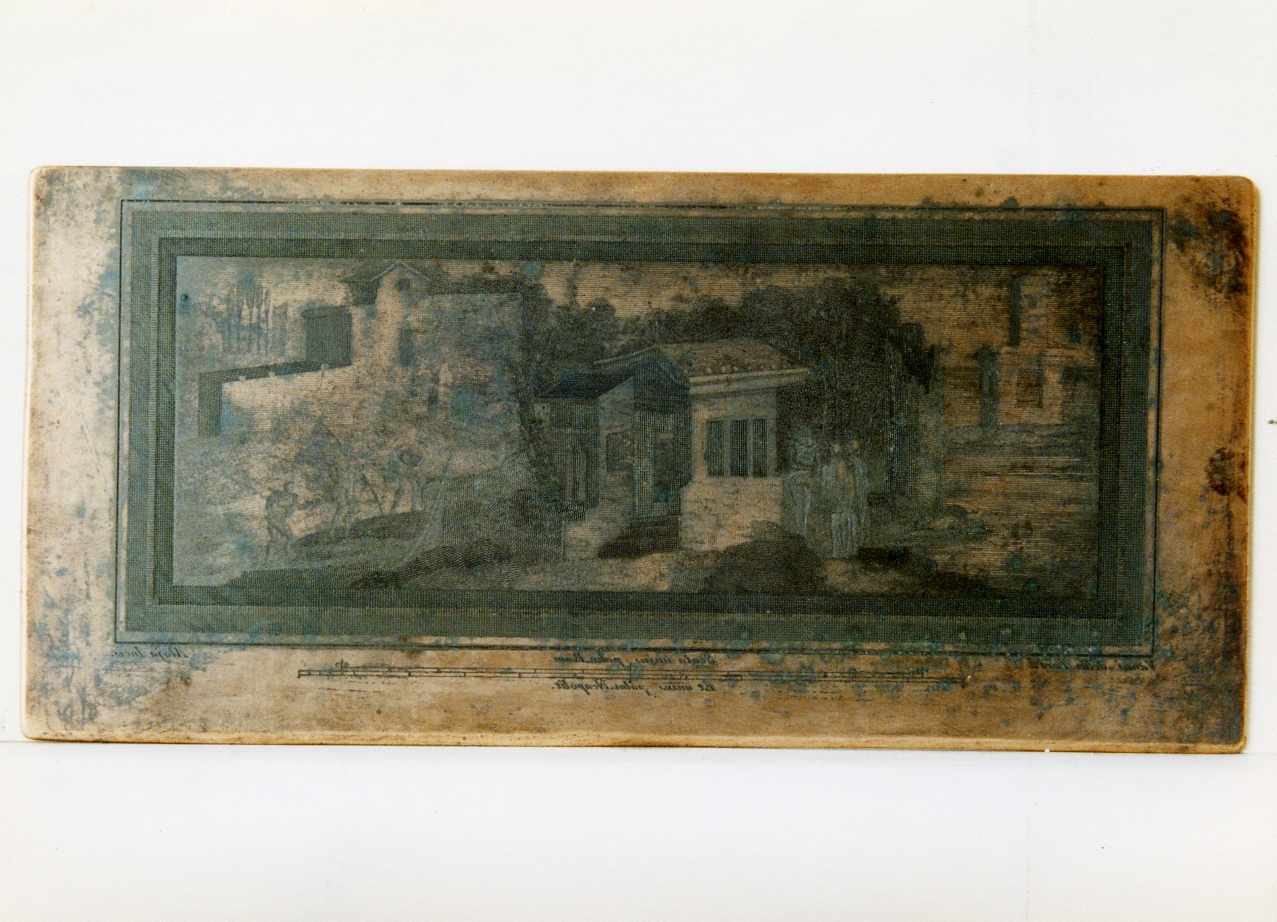 paesaggio campestre con sacello e figure (matrice) di Aloja Luigi, Vanni Nicola (sec. XVIII)