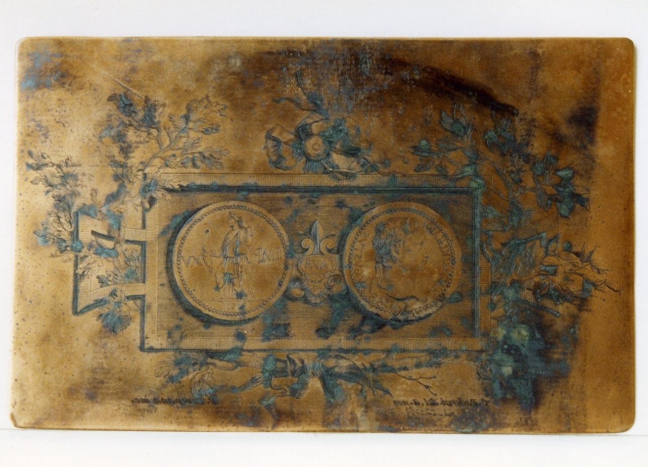 tabella ansata entro ghirlanda vegetale con moneta (matrice) di Paderni Camillo, Campana Pietro (sec. XVIII)