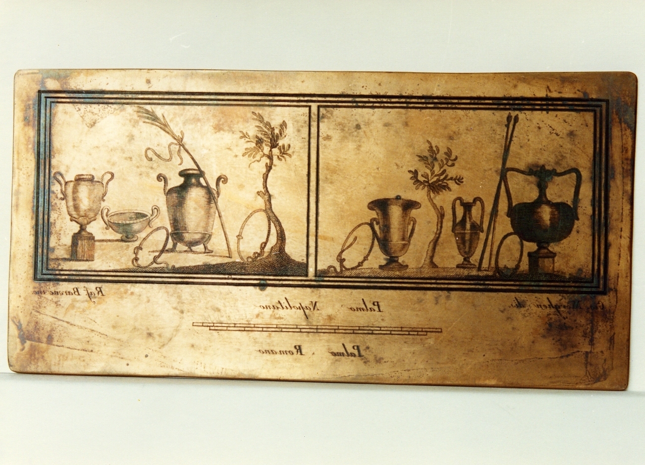 due pannelli con motivi decorativi con vasi ed elementi vegetali (matrice) di Morghen Giovanni Elia, Barone Raffaele (sec. XVIII)