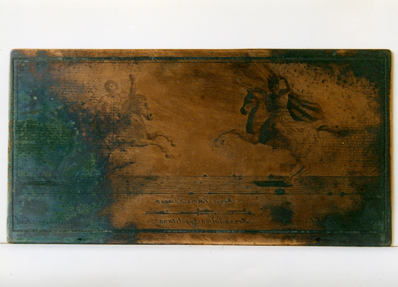 decorazioni bronzee di baltei: barbaro giovane a cavallo, duce romano acavallo (matrice) di Mangini Lorenzo, Campana Vincenzo (sec. XVIII)