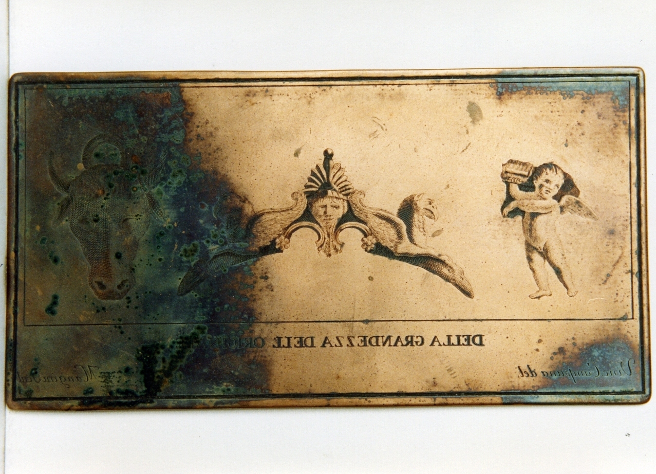 tre elementi decorativi in bronzo: testa di toro, ansa ricurva decorata,amorino (matrice) di Campana Vincenzo, Mangini Lorenzo (sec. XVIII)