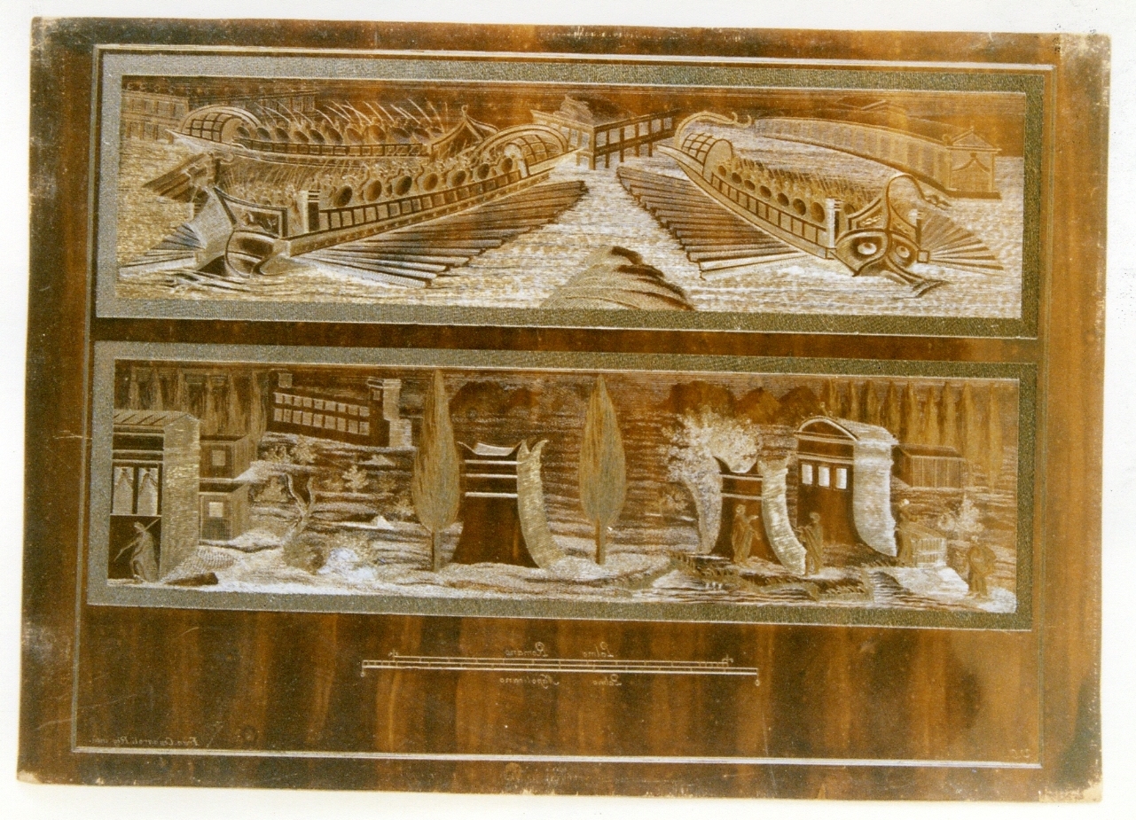 tempio di Iside: naumachia/ paesaggio con architetture e figure (matrice) di Cepparoli Francesco, Campana Vincenzo (sec. XVIII)